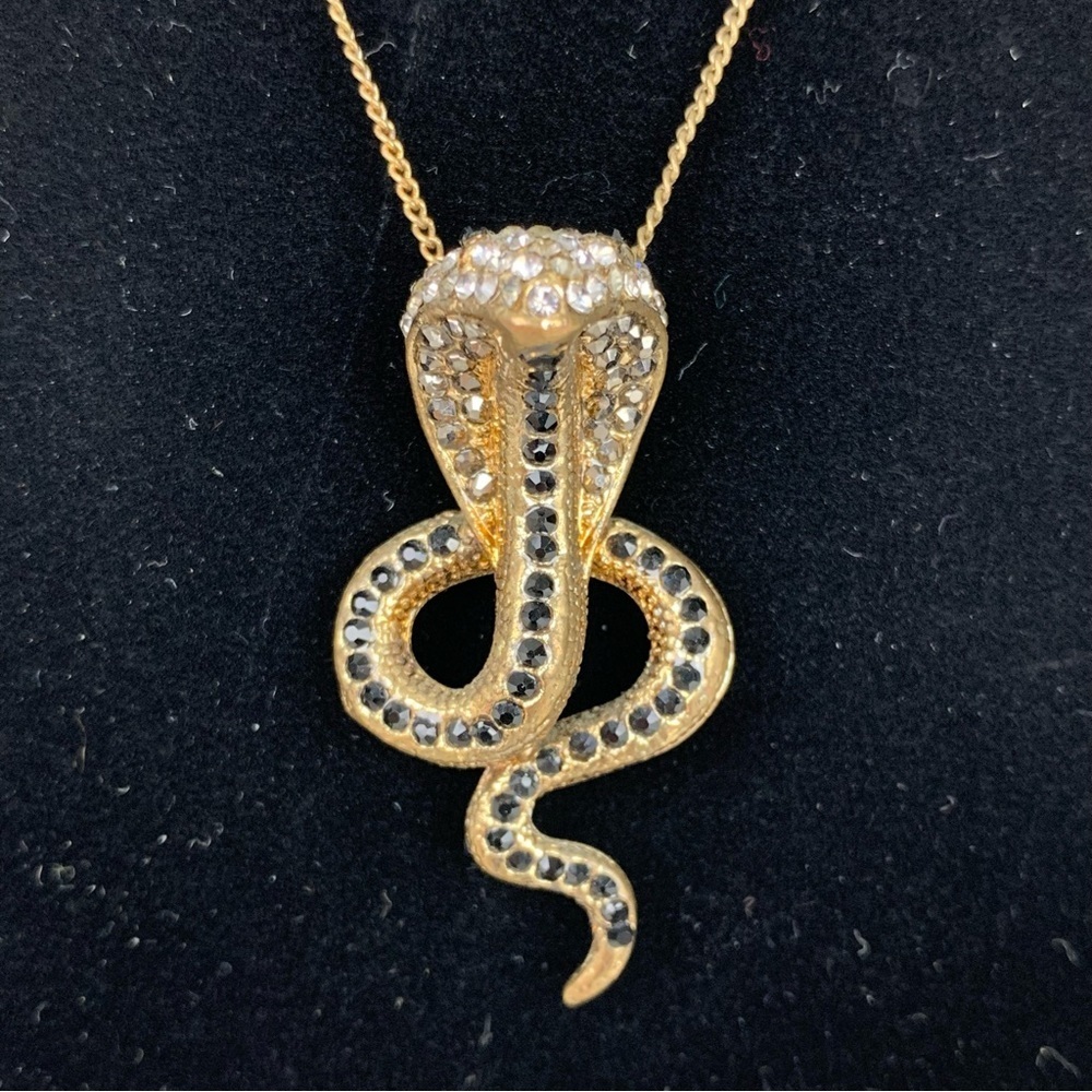 Cobra Snake Necklace Reptile 3D Clear Black Rhinestones Twirl Gold Colored Chain